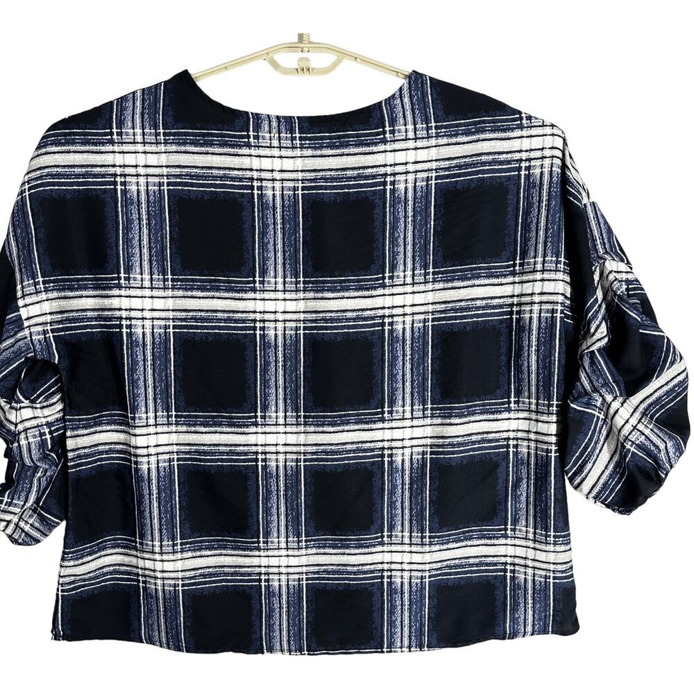 Maggie Max Boxy Top Plus 1X Blue Gray White Plaid Academia Preppy 90s Grunge - Picture 2 of 10